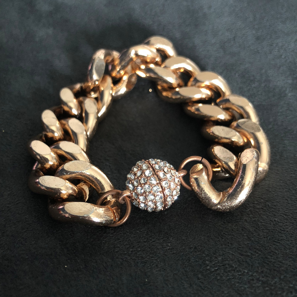 Rose Gold Pave Rhinestone Bead Chunky Chain Brace